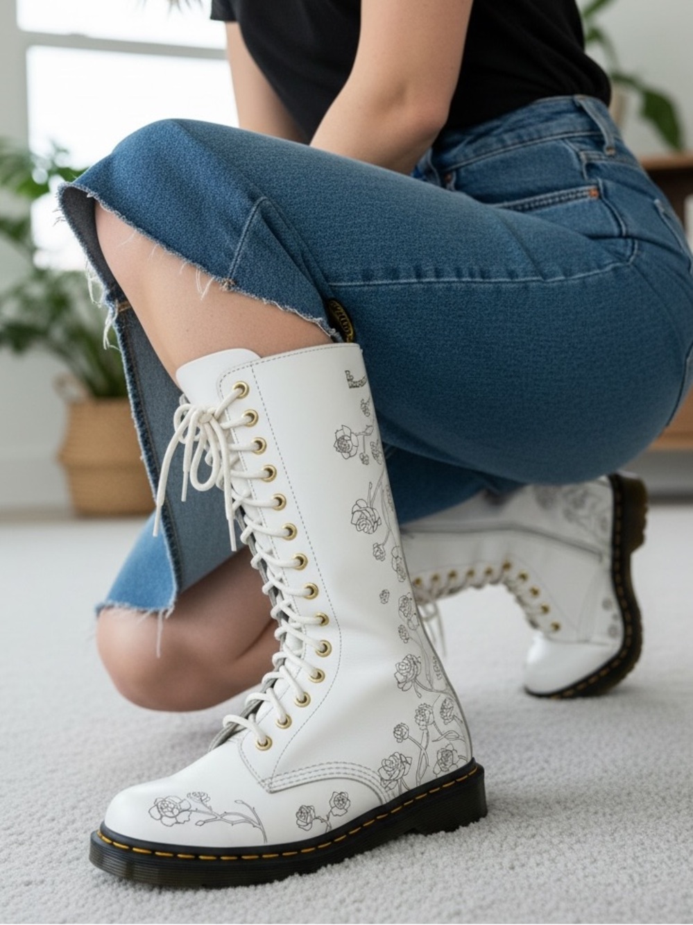 Dr. Martens Rose Floral Etched 14 Hole White Boots Size 7
